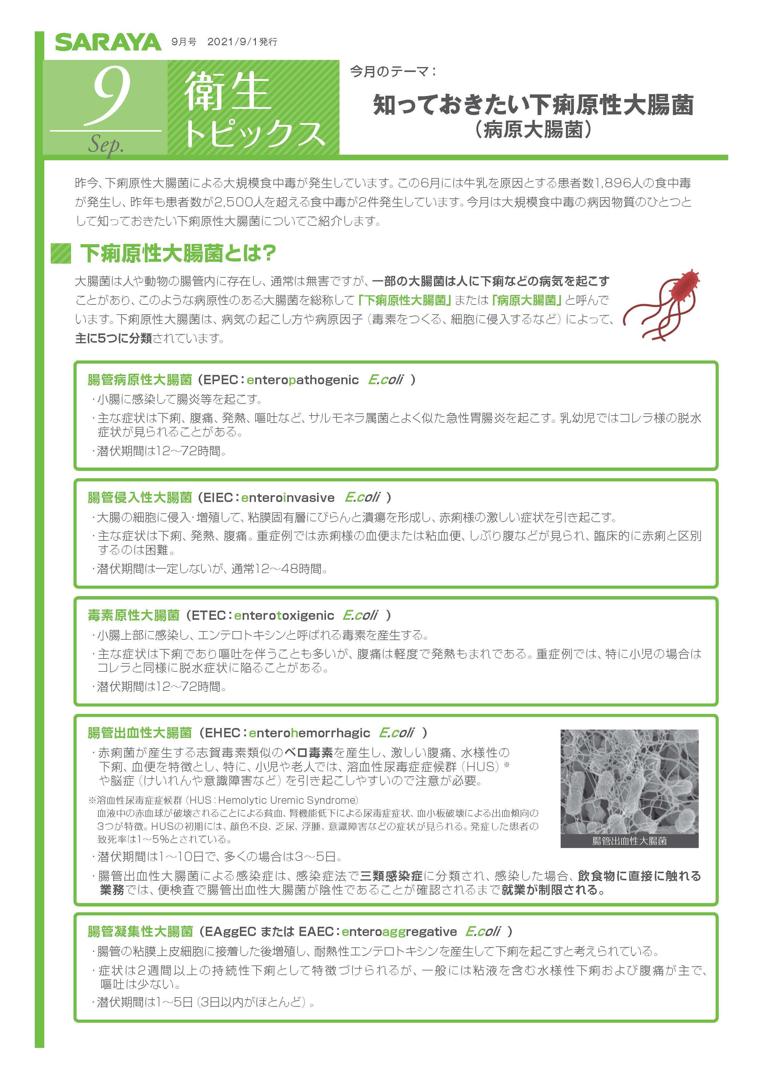 【衛生トピックス】2021年9月号　知っておきたい下痢原性大腸菌（病原大腸菌）